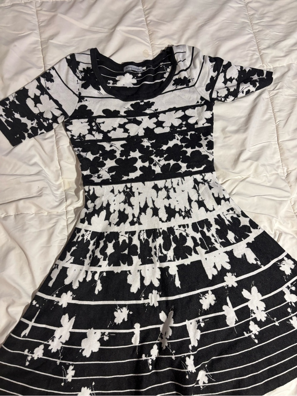 Danny & Nicole Black and White Floral Striped Knit Dress